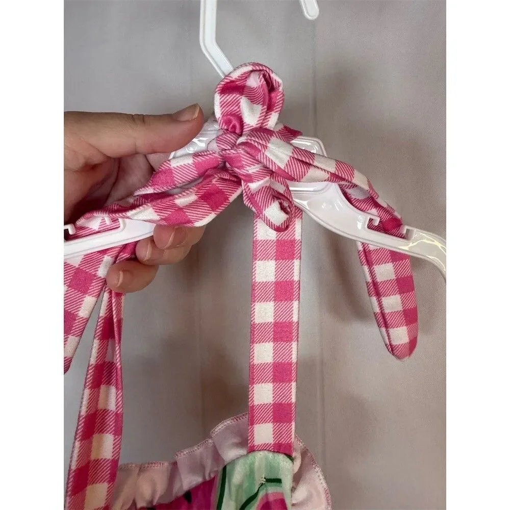 Baby Girl Watermelon Print Romper Dress Pink Gingham Ruffles Tie Straps